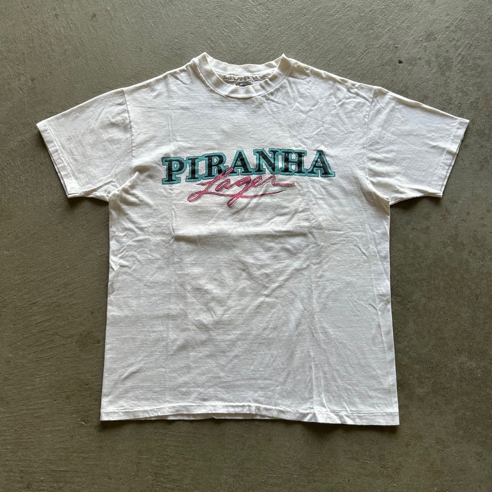 Vintage 80s Piranha Lager Shirt Size XL White Cannibal Breweries Panama City